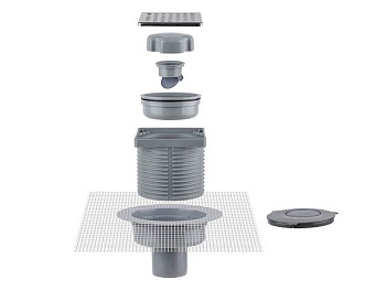 Сливной трап вертикальный D50, с комбинированным затвором, решетка нерж. 100х100мм, BAKIMAY 0900109012