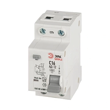 Дифференциальный автомат SIMPLE АВДТ C16 30мА 1P+N тип AС ЭРА D12E2C16AC30