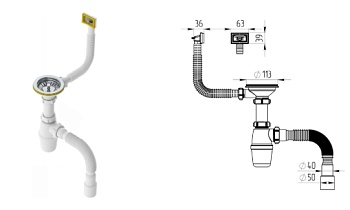 Сифон для кухни с прямоугольным переливом, выпуск 3 1/2