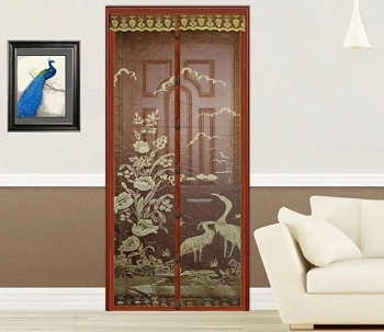 Штора антимоскитная на дверь на магнитах (коричневая, вышивка птицы) 100x210 см