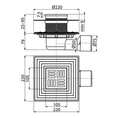 Трап душевой 105х105/50/75 Alcaplast APV3344