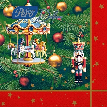 Салфетка сервировочная 33*33см 3 слоя, GrandPero Deluxe, Новогодняя карусель