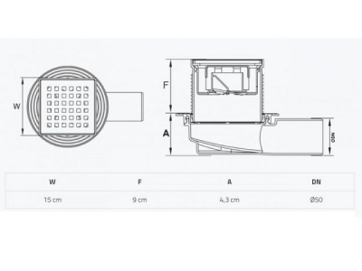 Сливной трап горизонтальный D50, с комбинированным затвором, решетка нерж. 150х150мм, BAKIMAY 0900109021