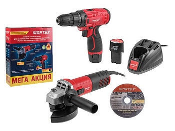 Углошлифмашина WORTEX AG 1209-3 + Дрель-шуруповерт аккумуляторная WORTEX LX BD 1215 Li
