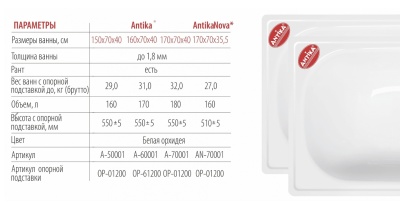 Ванна стальная ANTIKA белая орхидея 150x70 см, с ножками ВИЗ