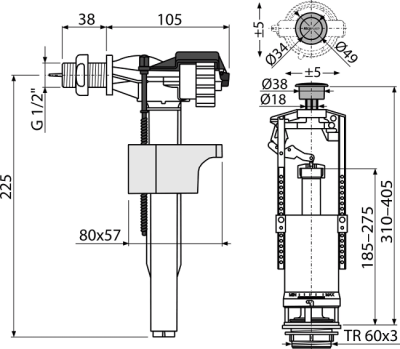 Арматура смывная, боковой подвод, Alcaplast SA2000K 1/2" CHROM-BL-01