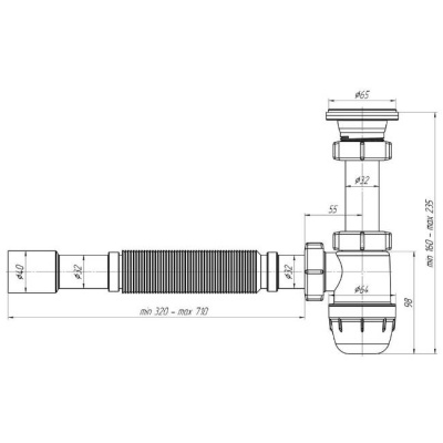 Сифон для умывальника Юнг выпуск 1 1/4''х32 c гибкой трубкой АНИ Пласт BM1015
