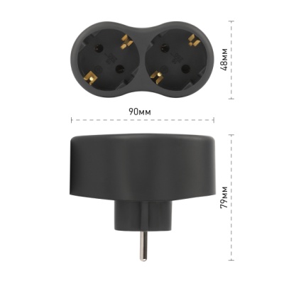 Разветвитель на 2 розетки с заземлением 16А черный ЭРА SPx-2e-B