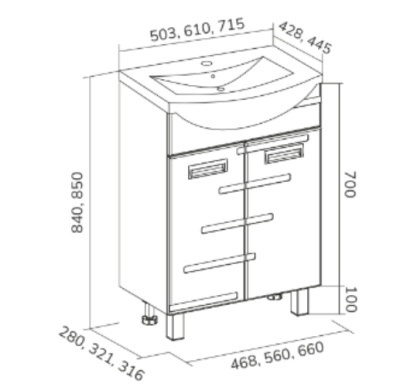 Тумба напольная Joli 50.2D Volna с умывальником Ладога 50