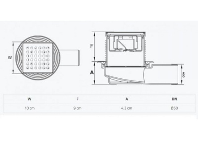 Сливной трап горизонтальный D50, с комбинированным затвором, решетка нерж. 100х100мм, BAKIMAY 0900109022