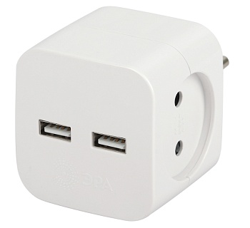 Разветвитель электрический на 2 розетки без заземления 220V, черный, ЭРА SP-2-USB-W