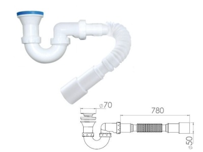 Сифон для душевого поддона U-образный h130мм, выпуск 70мм, с гибкой трубой 1 1/2