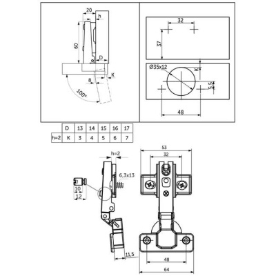 Петля накладная с доводчиком 100° 48мм H-2 slide-on AKS 109834 (еврошуруп)