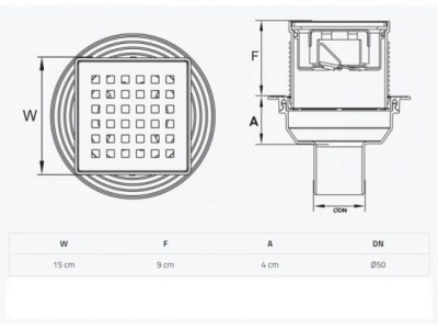 Сливной трап вертикальный D50, с комбинированным затвором, решетка нерж. 150х150мм, BAKIMAY 0900109011