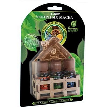 Набор эфирных масел Банька (апельсин, сосна, можжевельник) по 15 мл на полочке, Банные штучки